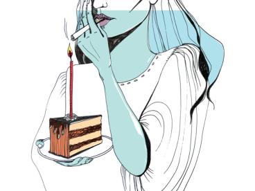 Illustration de Tania Saleh représentant une femme allumant une cigarette grâce à la bougie d’un gâteau